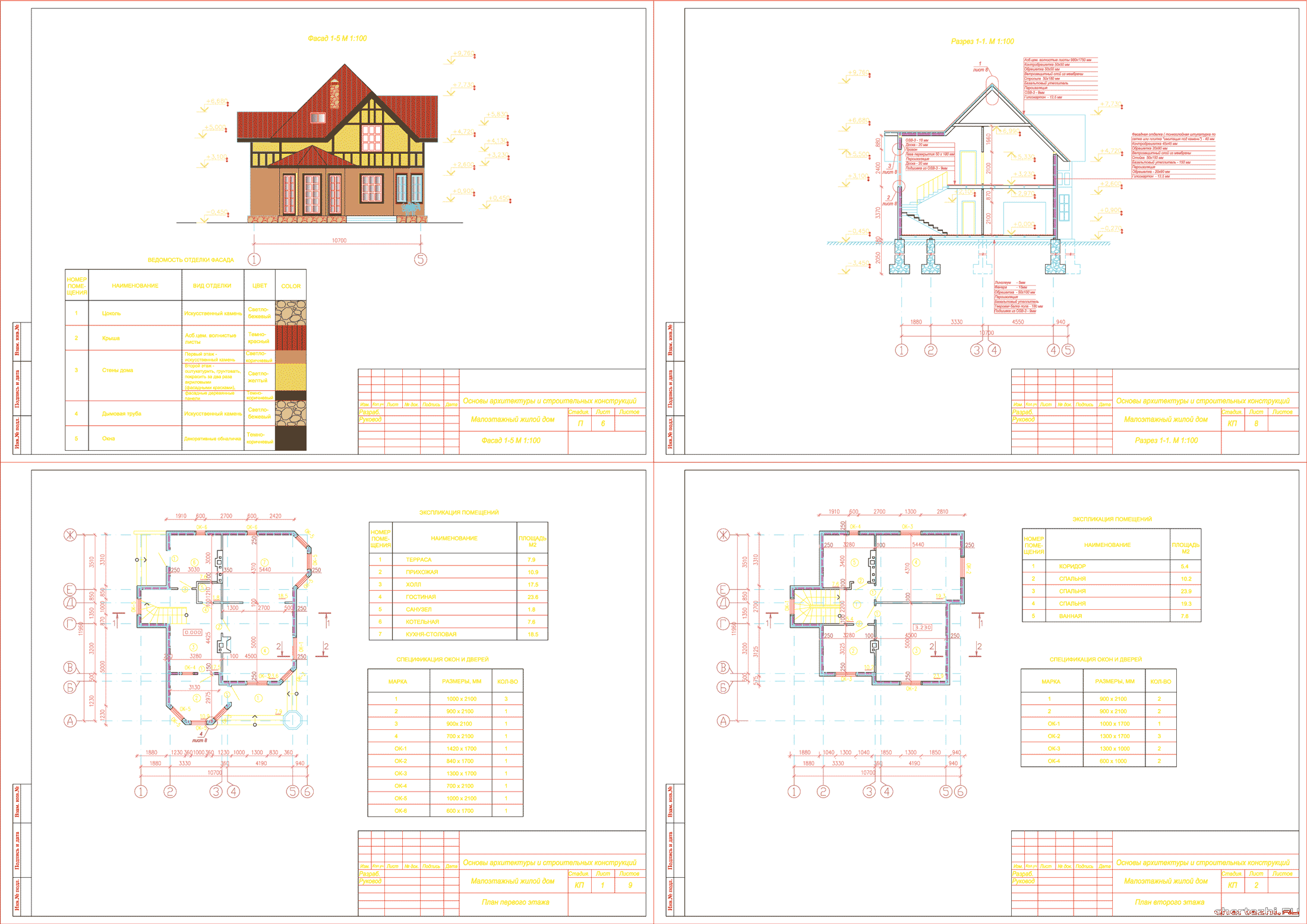 Курсовой проект- Жилой дом 1 этаж + мансарда. Вариант Дк-1 (в осях 11,96 х 10,7 м)