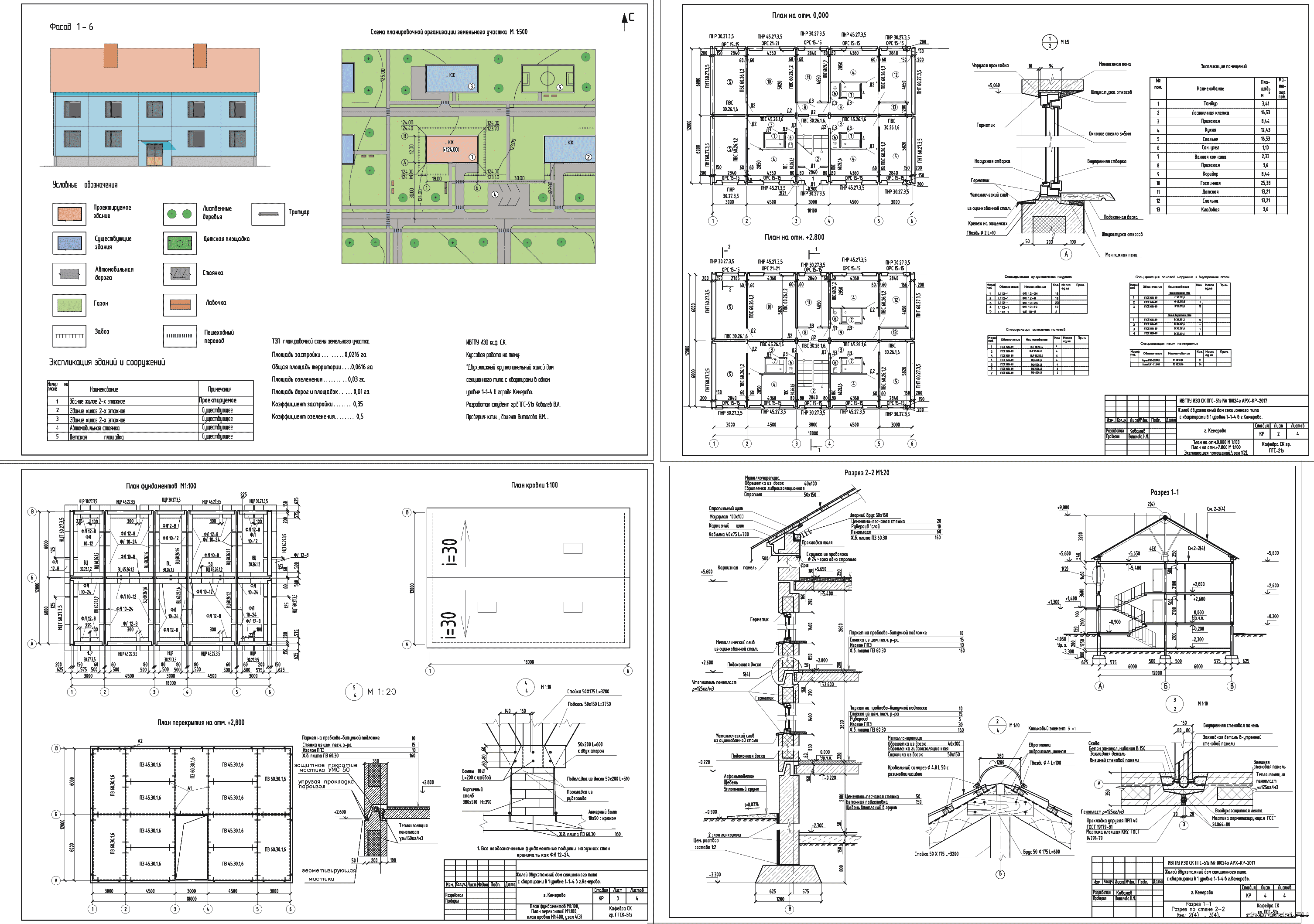 Курсовой проект - 2 - х этажный крупнопанельный жилой дом секционного типа с квартирами 1-1-4 18 х 12 м в г. Кемерово