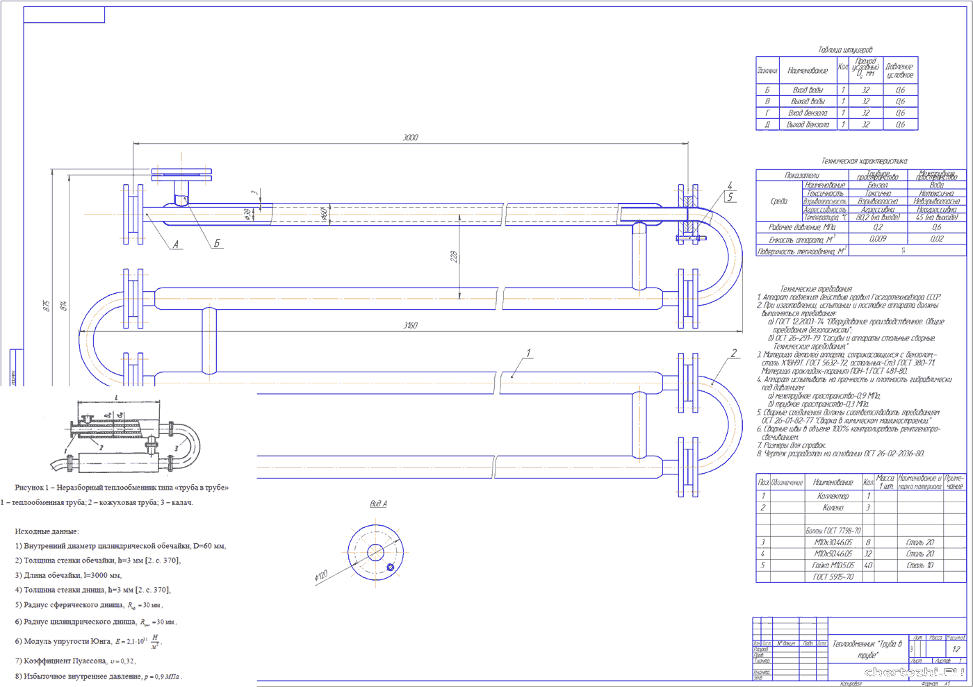 Курсовой проект - Проектирование и расчет концевого участка наружной трубы секции теплообменника типа «труба в трубе»