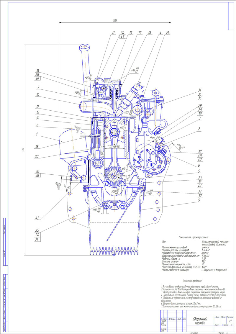 Курсовой проект - Двигатель рядный 4-х цилиндровый дизельный N=95 кВт, n=1650 об/мин